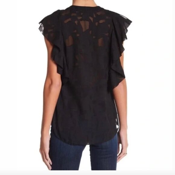 IRO GILKA BURNOUT LACE UP SHEER RUFFLE V-NECK BLOUSE BLACK SIZE 34/XS - Picture 2 of 7